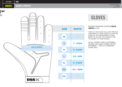 Size guide for gloves, small up to double-extra large.