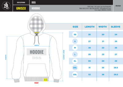 Size Guide for Hoodies. Extra small up to triple-x-large.